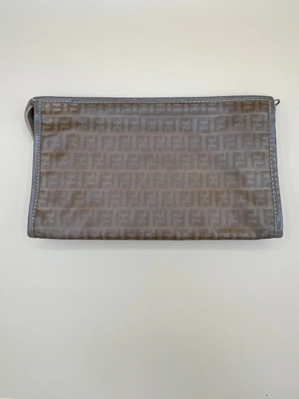 Fendi Vintage Zucca Pattern Clutch Bag With Zipper Closure & Brown/Gray Leather
